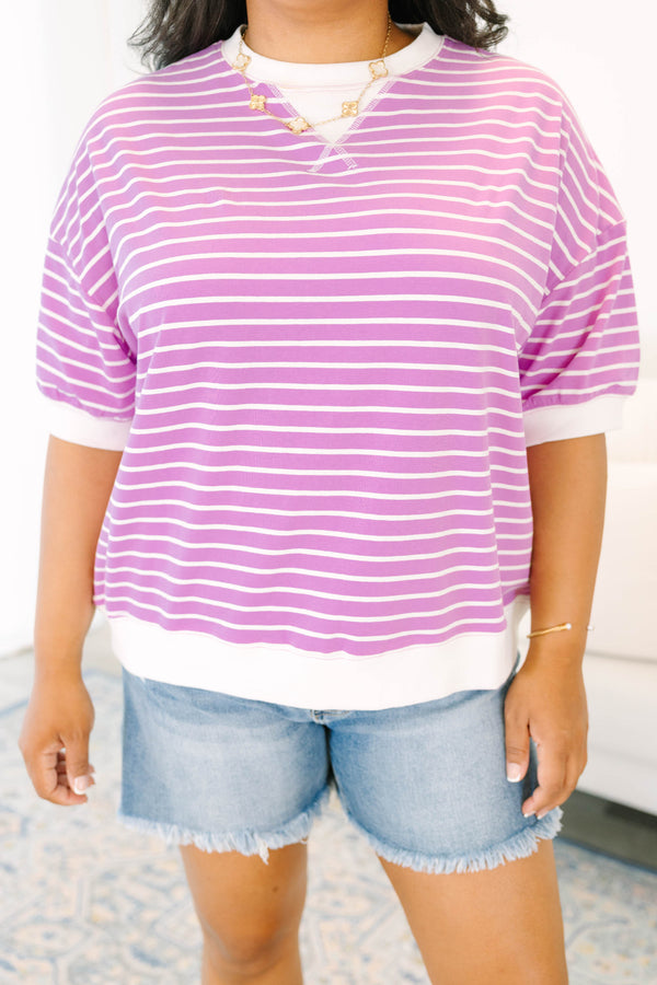 Plus Size bright mauve and white striped short-sleeve top with a ribbed crew neck and hem.