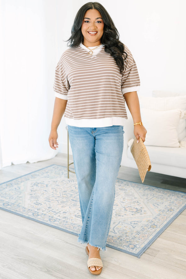 Plus Size brown and white striped short sleeve top with a white crew neck and hem.