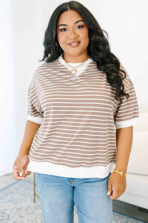 Plus Size brown and white striped short sleeve top with a white crew neck and hem.