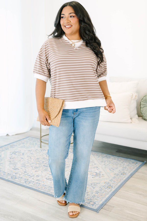 Plus Size brown and white striped short sleeve top with a white crew neck and hem.