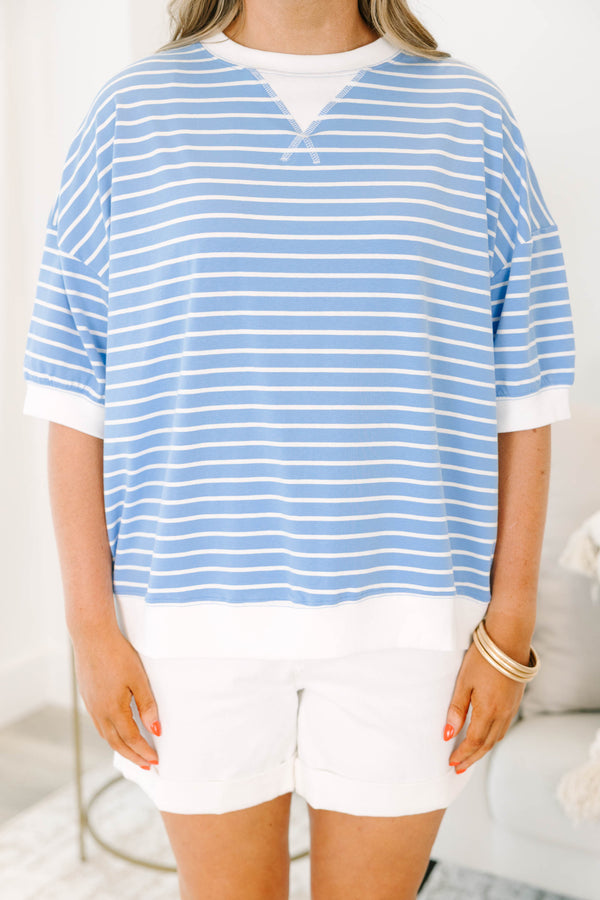 Plus Size cornflower blue and white striped short sleeve top with a white crew neck and hem.