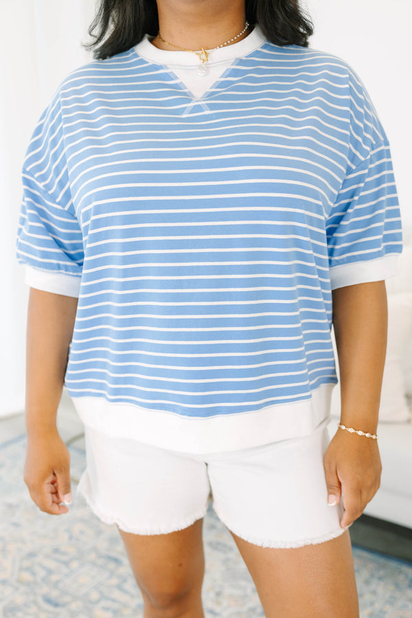 Plus Size cornflower blue and white striped short sleeve top with a white crew neck and hem.