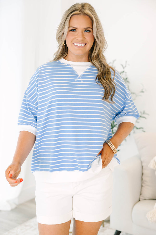 Plus Size cornflower blue and white striped short sleeve top with a white crew neck and hem.