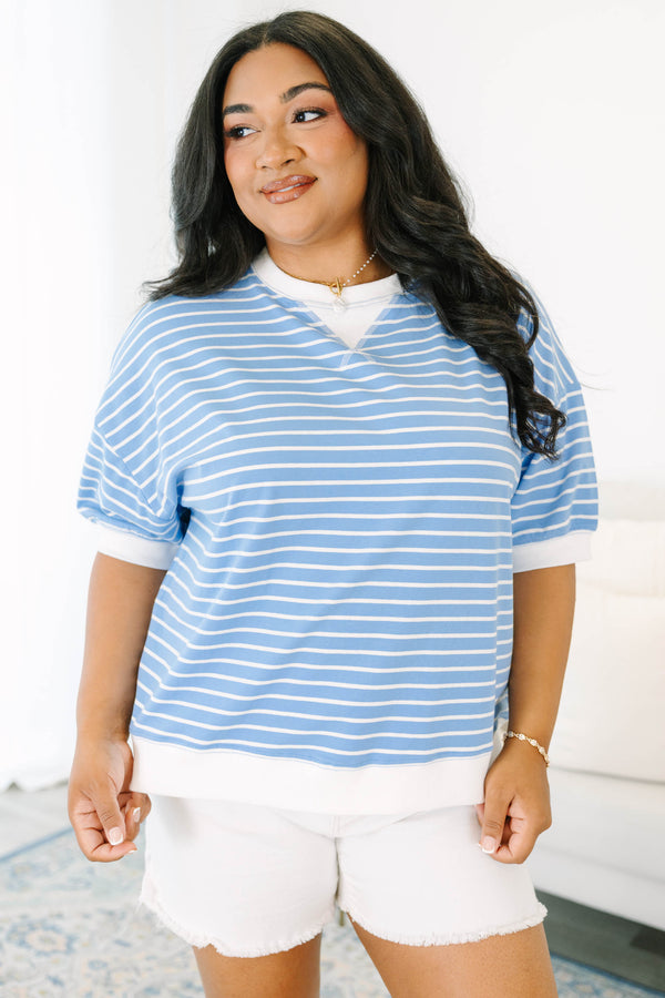 Plus Size cornflower blue and white striped short sleeve top with a white crew neck and hem.