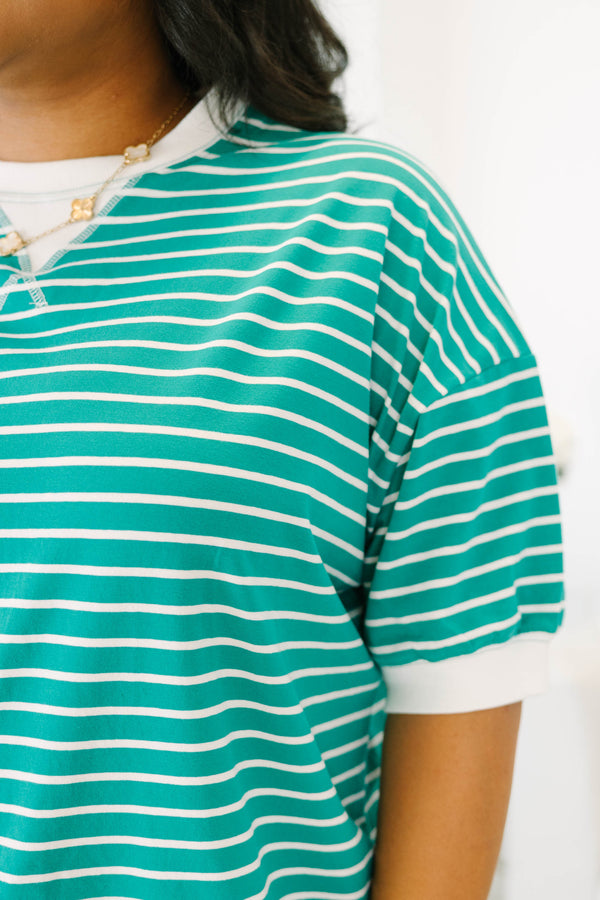Plus Size green and white horizontal striped short sleeve top with a white crew neckline and hem.