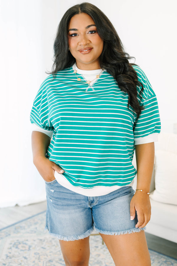 Plus Size green and white horizontal striped short sleeve top with a white crew neckline and hem.
