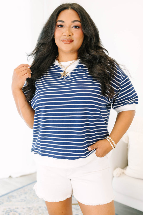 Plus Size navy and white horizontal striped short-sleeve top with a ribbed crew neck and hem.