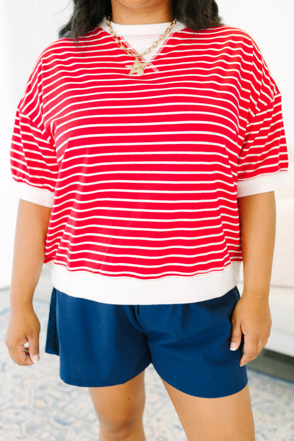 Plus Size red and white horizontal striped short sleeve top with white ribbed trim and crew neck.