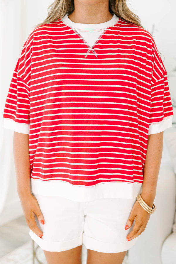 Plus Size red and white horizontal striped short sleeve top with white ribbed trim and crew neck.