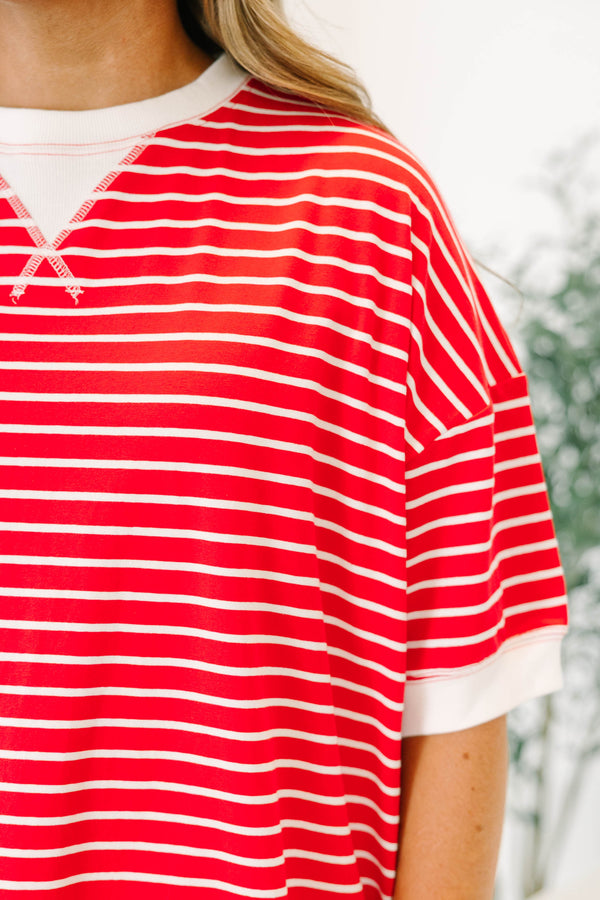 Plus Size red and white horizontal striped short sleeve top with white ribbed trim and crew neck.