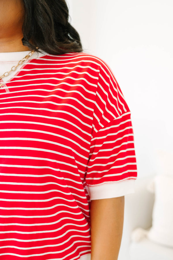 Plus Size red and white horizontal striped short sleeve top with white ribbed trim and crew neck.