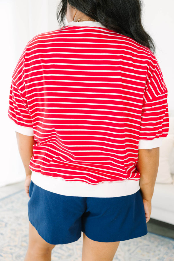 Plus Size red and white horizontal striped short sleeve top with white ribbed trim and crew neck.
