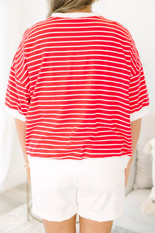 Plus Size red and white horizontal striped short sleeve top with white ribbed trim and crew neck.