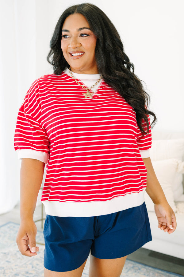 Plus Size red and white horizontal striped short sleeve top with white ribbed trim and crew neck.