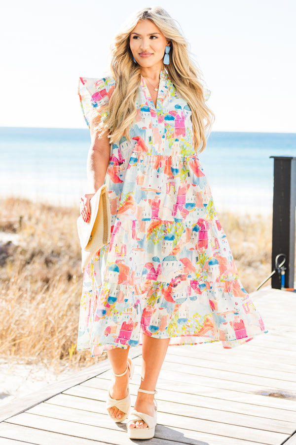 Chic Soul plus size clothing, short-flutter-sleeve multi-colored ruffled babydoll midi dress with an abstract watercolor greek landscape pattern and a split-v-neckline