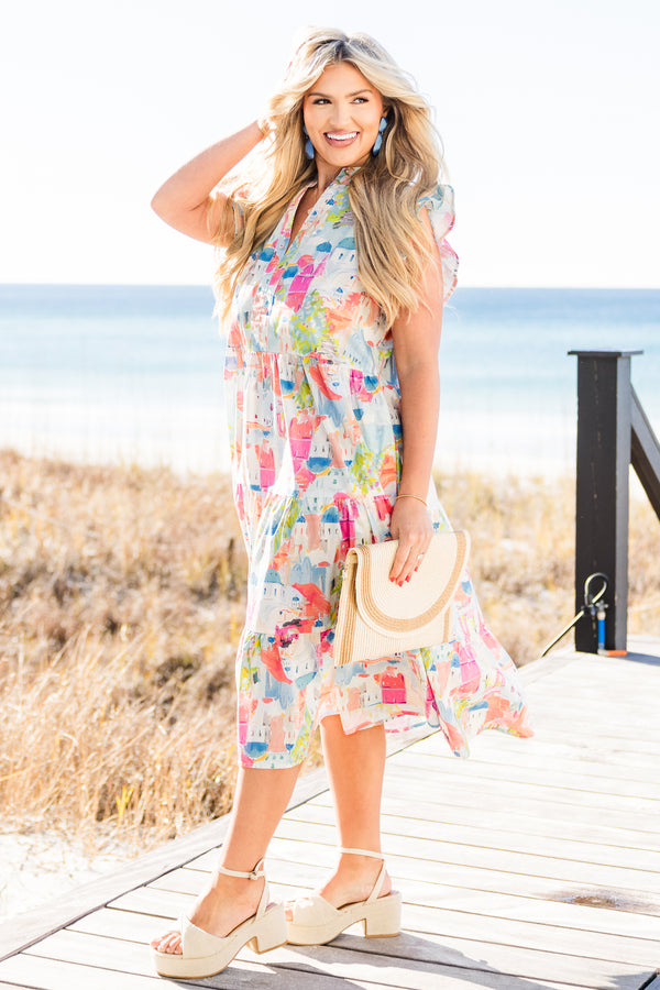 Chic Soul plus size clothing, short-flutter-sleeve multi-colored ruffled babydoll midi dress with an abstract watercolor greek landscape pattern and a split-v-neckline