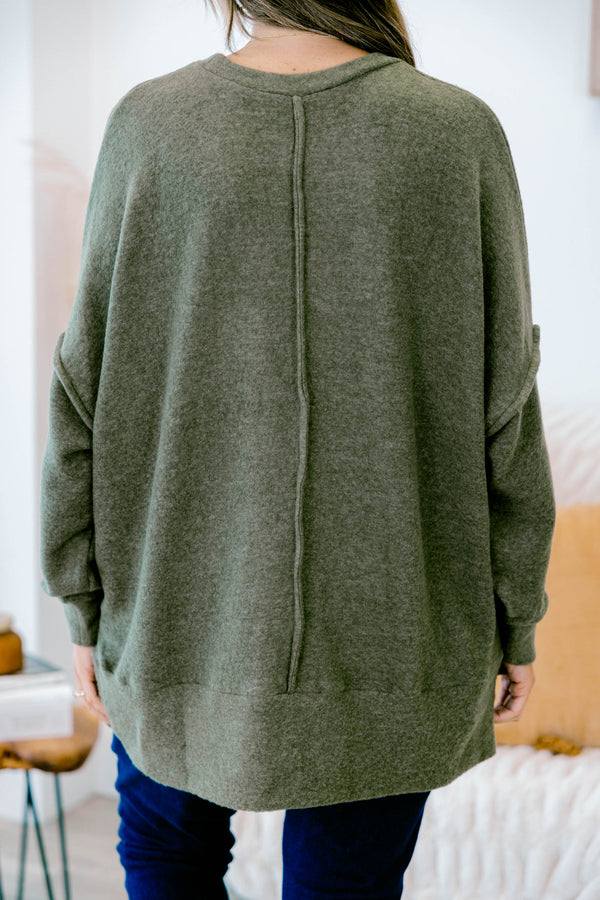 Chic Soul plus size clothing, dark olive long sleeve sweater with  a front pocket 