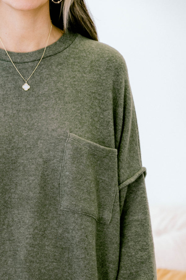 Chic Soul plus size clothing, dark olive long sleeve sweater with  a front pocket 