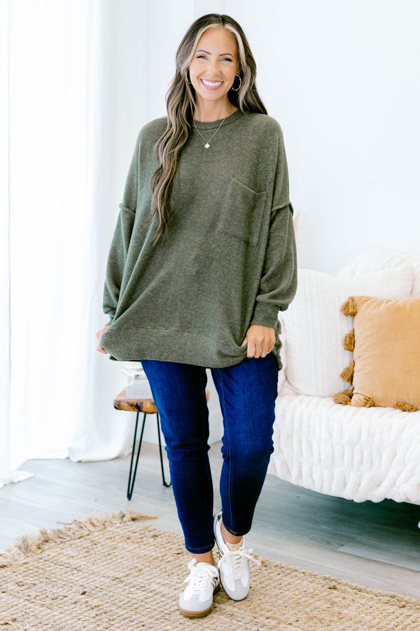 Chic Soul plus size clothing, dark olive long sleeve sweater with  a front pocket 