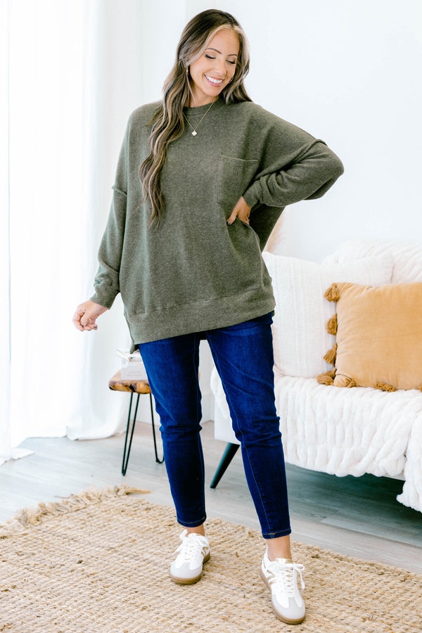 Chic Soul plus size clothing, dark olive long sleeve sweater with  a front pocket 