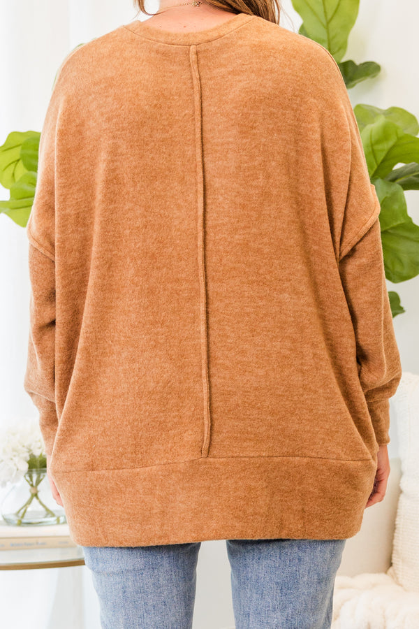 Chic Soul plus size clothing, deep camel long sleeve soft sweater with outer stitching detail with cuff sleeves with round neckline