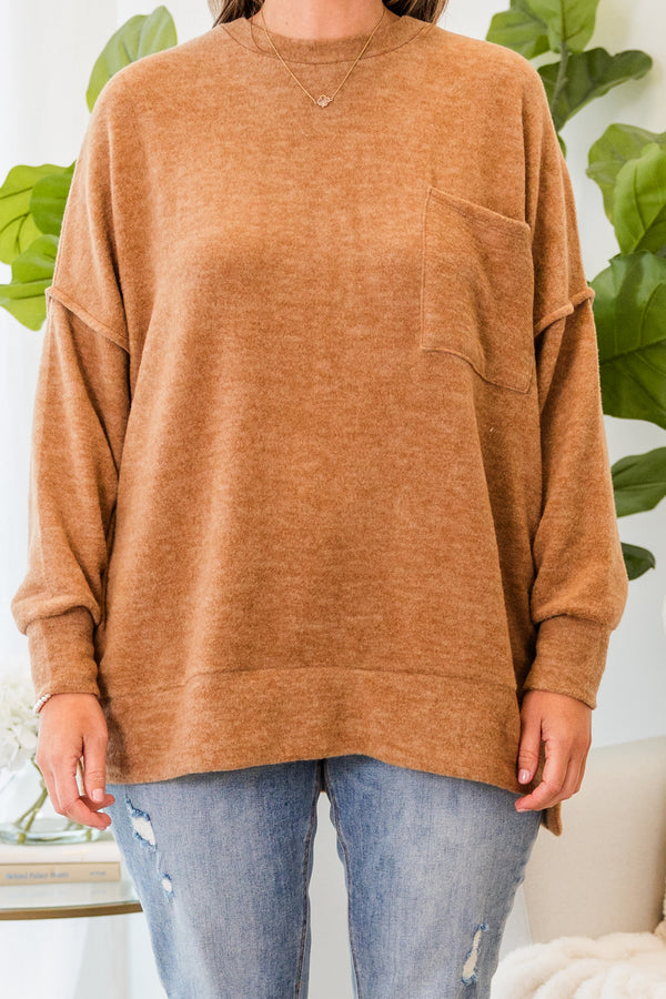 Chic Soul plus size clothing, deep camel long sleeve soft sweater with outer stitching detail with cuff sleeves with round neckline