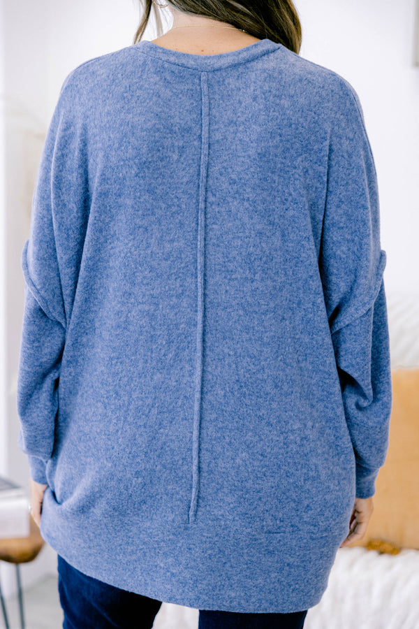 Chic Soul plus size clothing, dusty blue long sleeve crewneck sweater top with front pocket