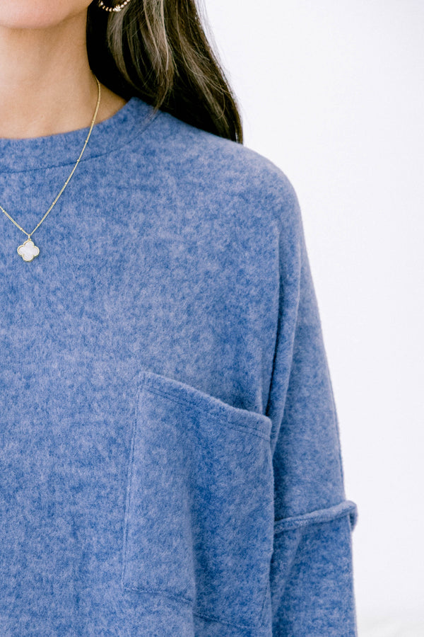 Chic Soul plus size clothing, dusty blue long sleeve crewneck sweater top with front pocket