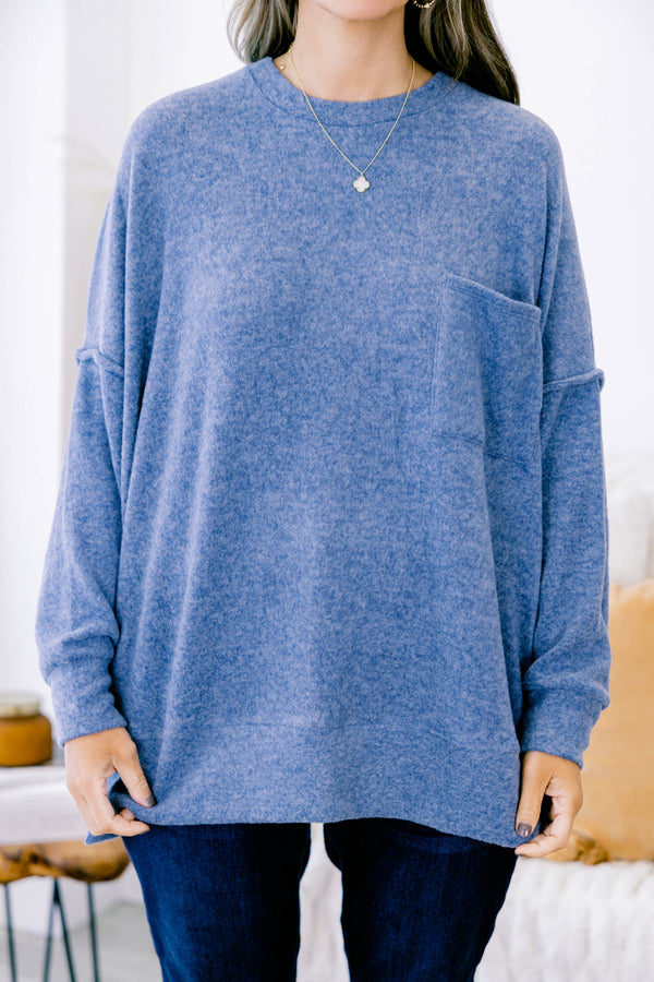 Chic Soul plus size clothing, dusty blue long sleeve crewneck sweater top with front pocket