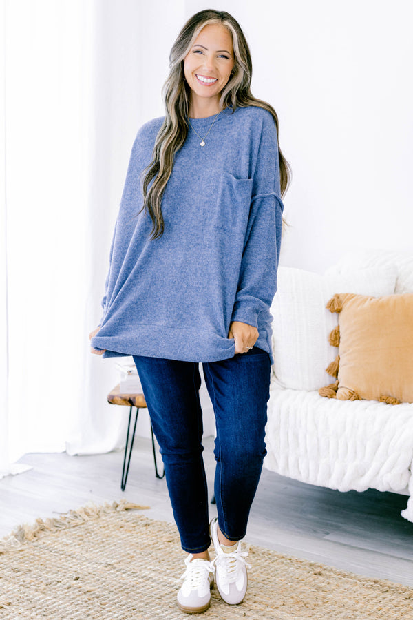 Chic Soul plus size clothing, dusty blue long sleeve crewneck sweater top with front pocket