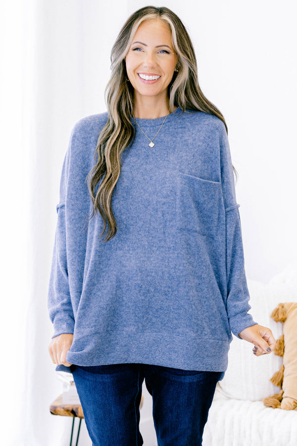 Chic Soul plus size clothing, dusty blue long sleeve crewneck sweater top with front pocket