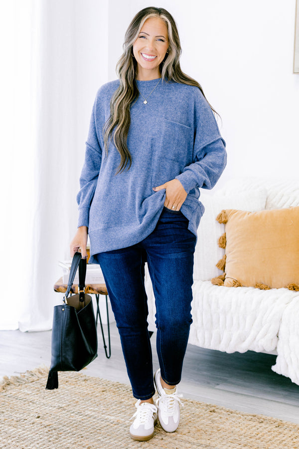 Chic Soul plus size clothing, dusty blue long sleeve crewneck sweater top with front pocket