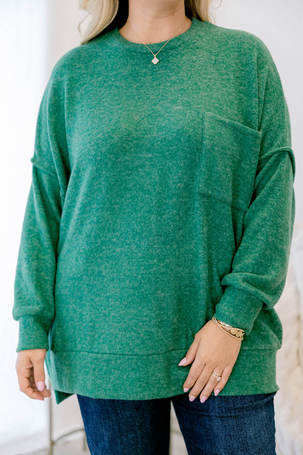 Chic Soul plus size clothing, green long sleeve sweater with front chest pocket