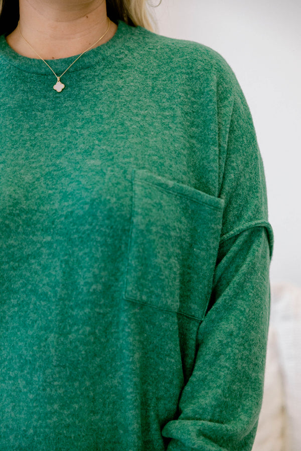 Chic Soul plus size clothing, green long sleeve sweater with front chest pocket