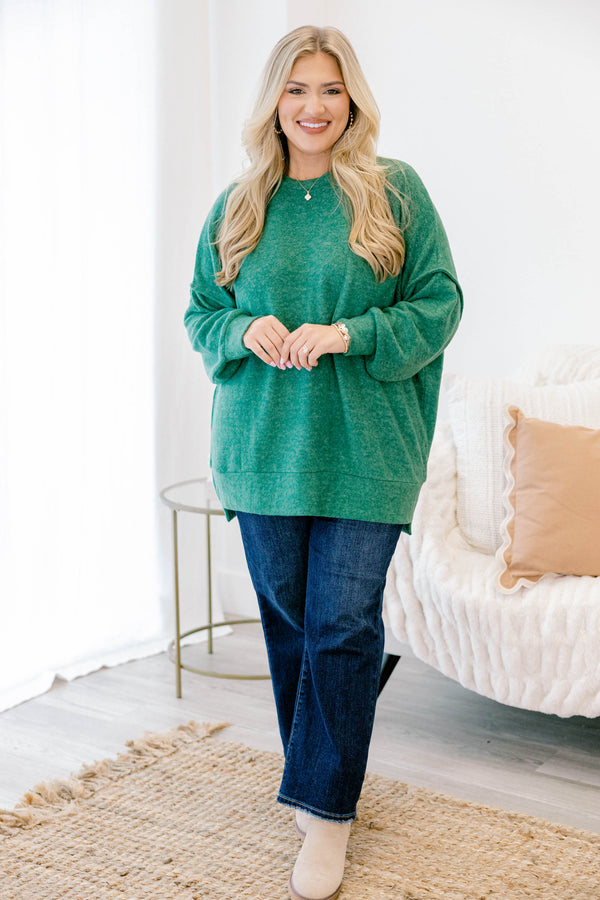 Chic Soul plus size clothing, green long sleeve sweater with front chest pocket