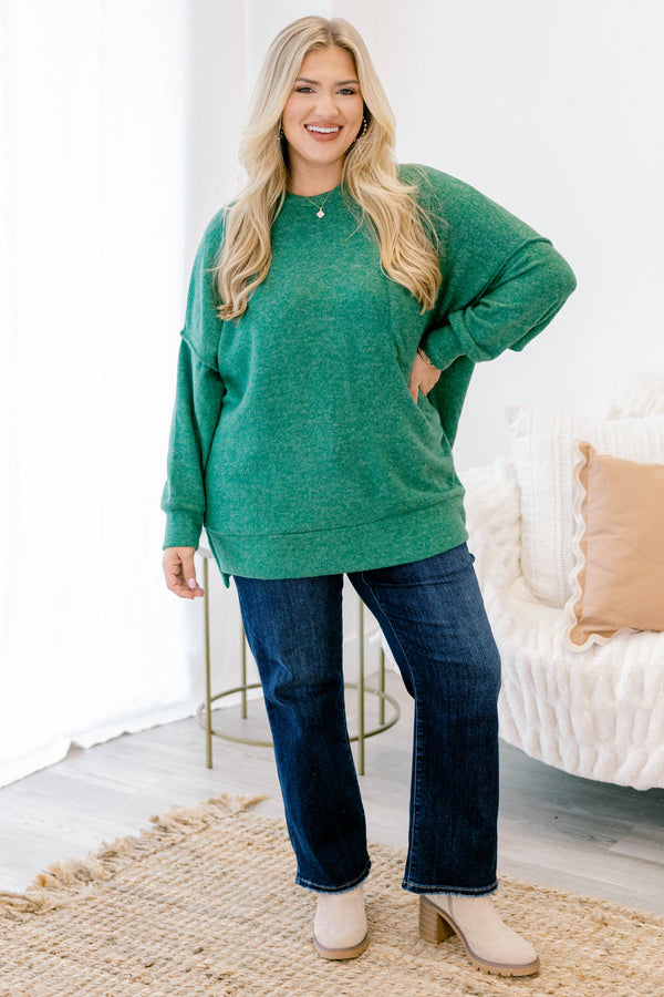 Chic Soul plus size clothing, green long sleeve sweater with front chest pocket