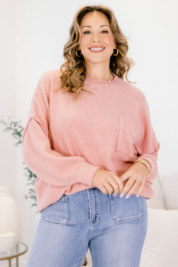 Chic Soul plus size clothing, light pink long sleeve sweater with front chest pocket