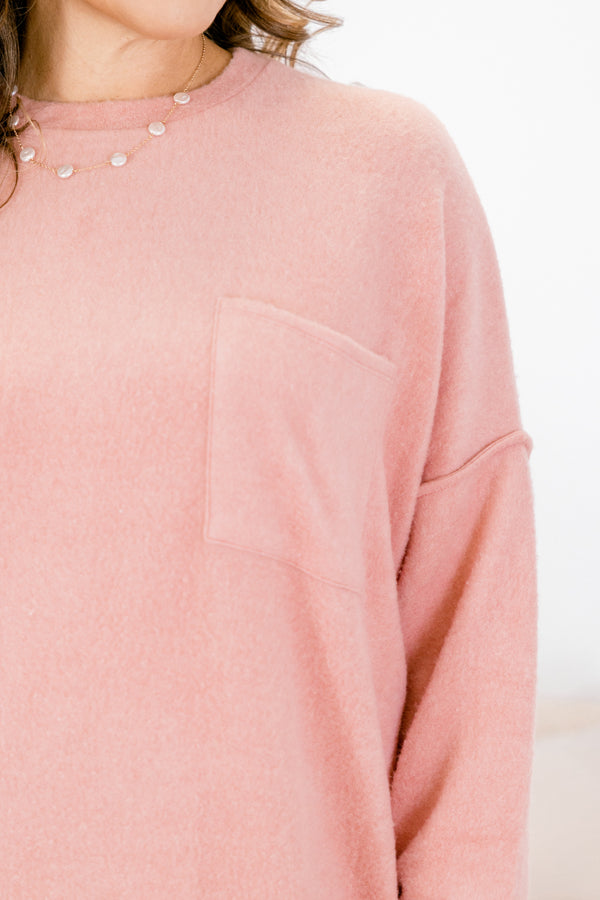 Chic Soul plus size clothing, light pink long sleeve sweater with front chest pocket