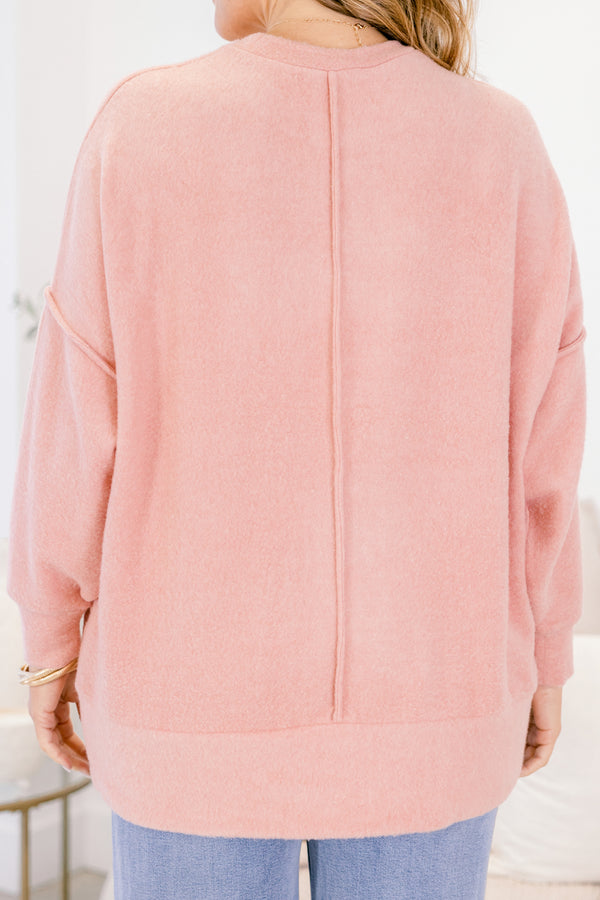 Chic Soul plus size clothing, light pink long sleeve sweater with front chest pocket