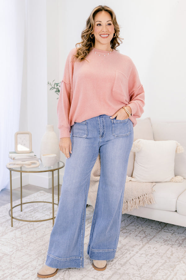 Chic Soul plus size clothing, light pink long sleeve sweater with front chest pocket