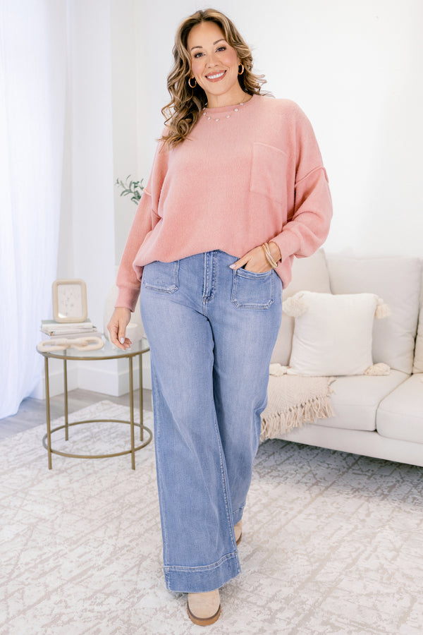 Chic Soul plus size clothing, light pink long sleeve sweater with front chest pocket