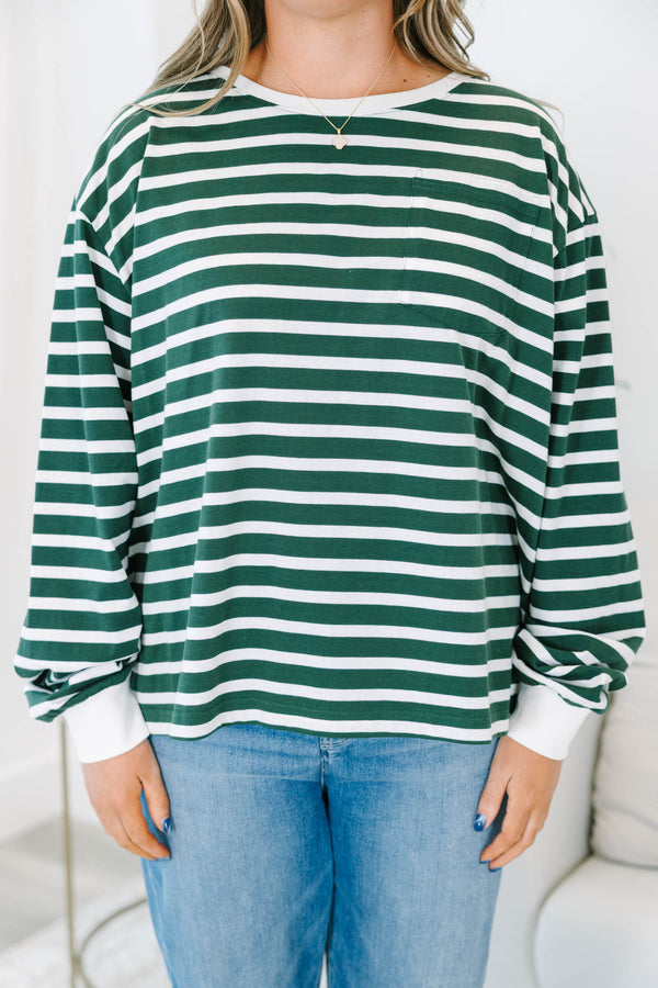 Plus size emerald green and white striped long sleeve cotton top with a relaxed, flowy fit.