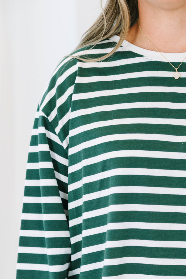 Plus size emerald green and white striped long sleeve cotton top with a relaxed, flowy fit.
