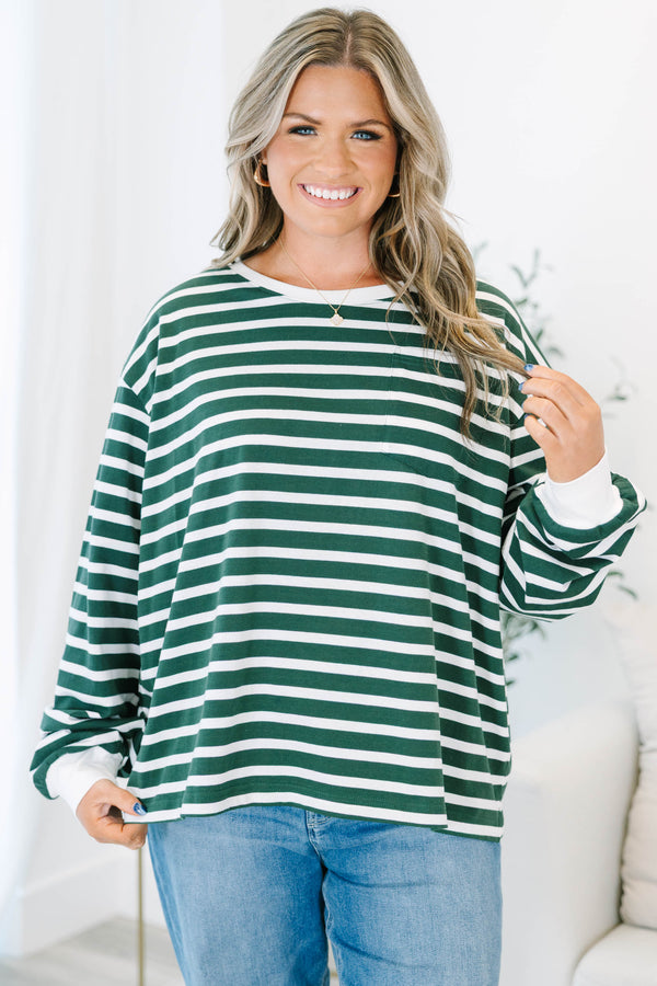 Plus size emerald green and white striped long sleeve cotton top with a relaxed, flowy fit.