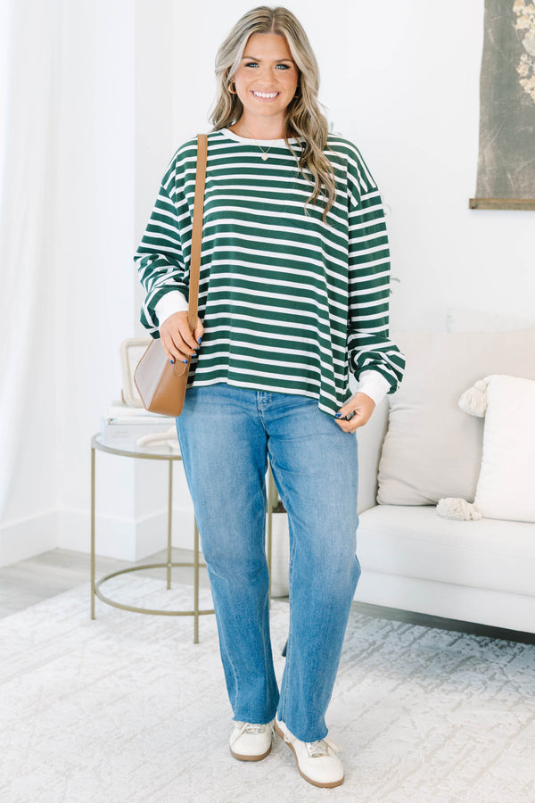 Plus size emerald green and white striped long sleeve cotton top with a relaxed, flowy fit.