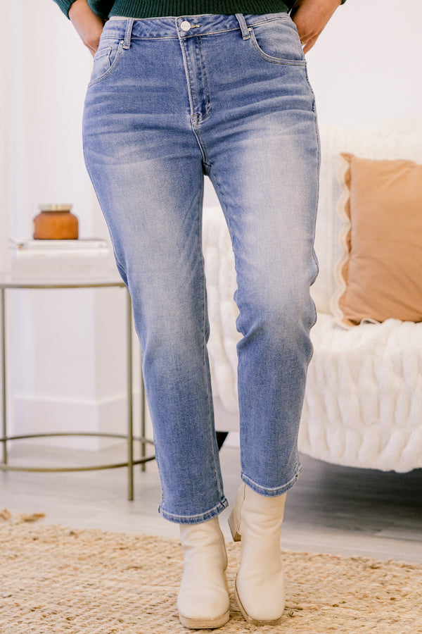 Chic Soul plus size clothing, medium wash high rise straight leg blue jeans