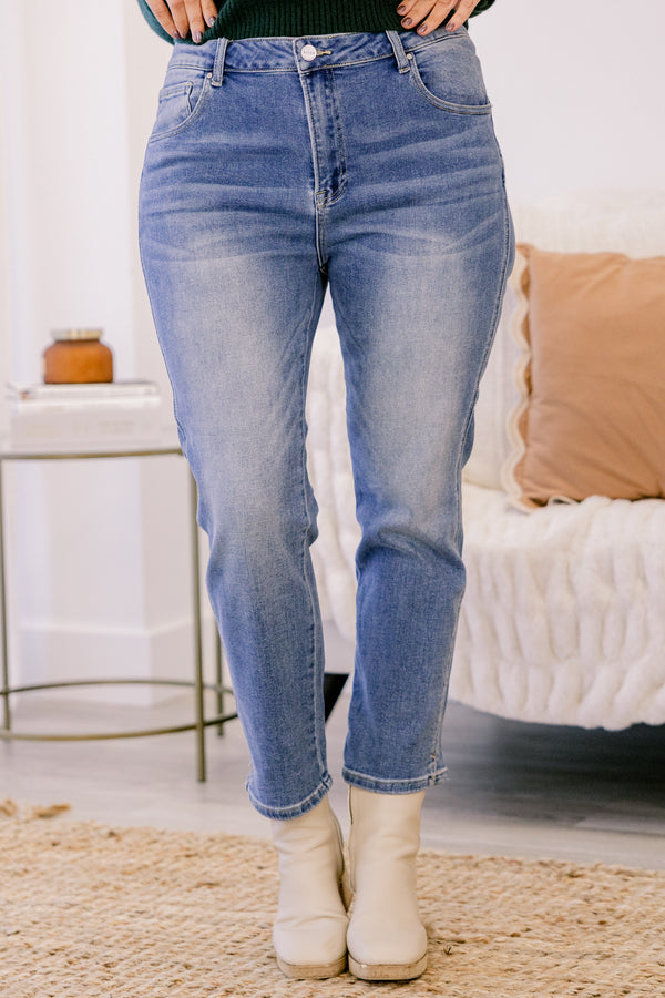 Chic Soul plus size clothing, medium wash high rise straight leg blue jeans