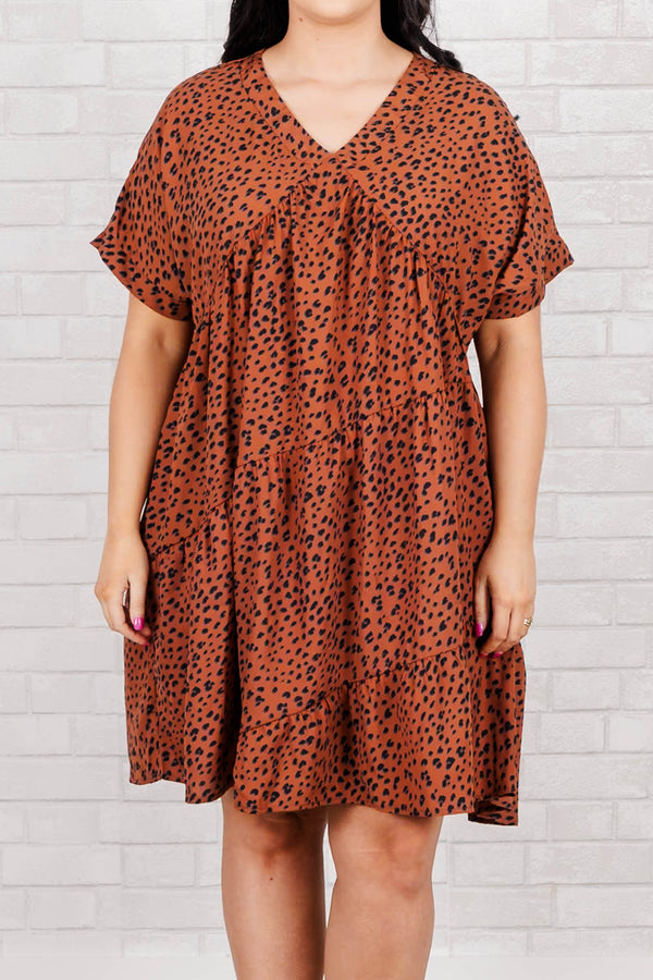 Chic Soul plus size clothing, rust leopard pattern tiered flowy dress with a v neck
