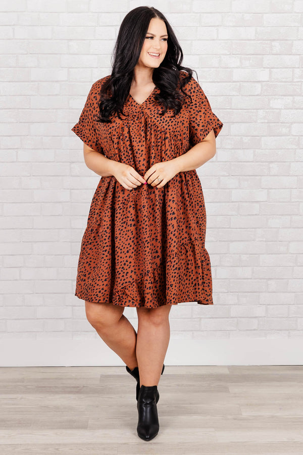 Chic Soul plus size clothing, rust leopard pattern tiered flowy dress with a v neck