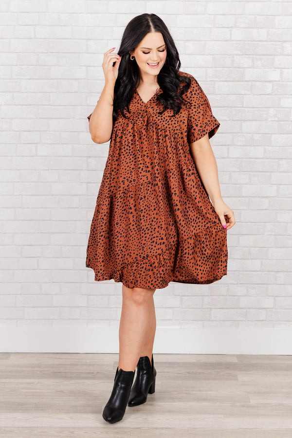 Chic Soul plus size clothing, rust leopard pattern tiered flowy dress with a v neck